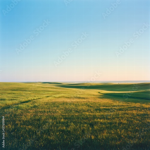 A panoramic shot of a wide-open field of green grass, the sun casting natural highlights on the grass, with the distant horizon barely visible under the expansive, clear blue sky