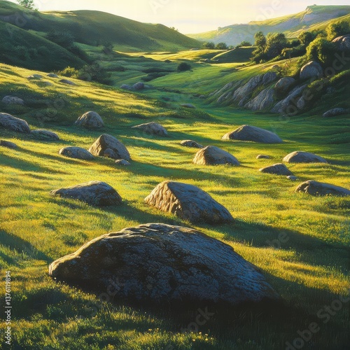 A large, gently sloping field with scattered boulders and patches of grass, the rocks casting long shadows on the grass, while the sunlight illuminates the entire scene realistically