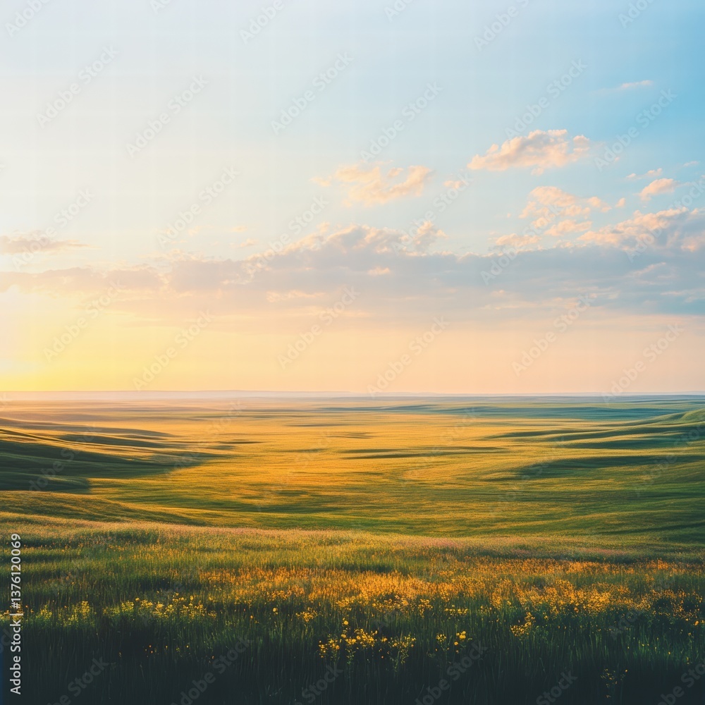 Fototapeta premium A wide shot of a vast prairie with the light shifting from golden to soft evening tones, the expansive field catching every ray of sunlight as the sky transitions into dusk, creating a peaceful,