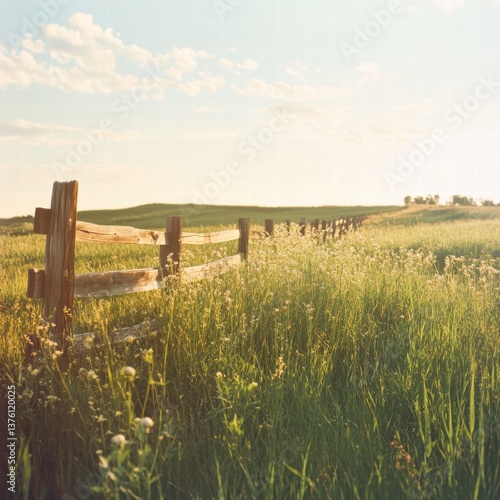 A large meadow with dense grasses and an old wooden fence, the grass flowing gently in the breeze and the sky providing a realistic contrast with the light on the fence and surrounding plants
