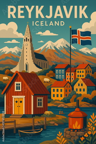 Vintage travel poster illustration of Reykjavic, Iceland  featuring iconic architecture and landscapes. Retro style tourism art, perfect for travel, adventure, and wanderlust concepts.

