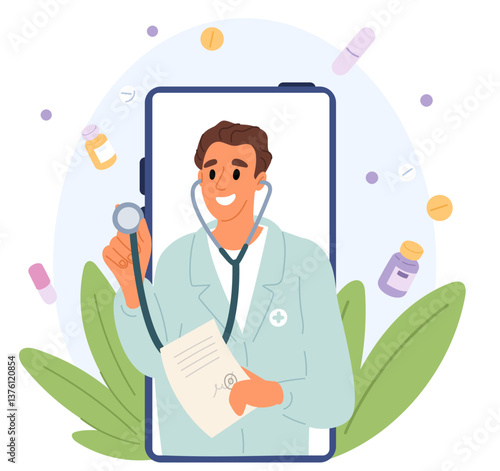 Doctor online consultation. Medical assistance by phone. Appointment with physician. Smartphone screen. Health checkup. Therapist counseling service. Patient treatment. Vector concept