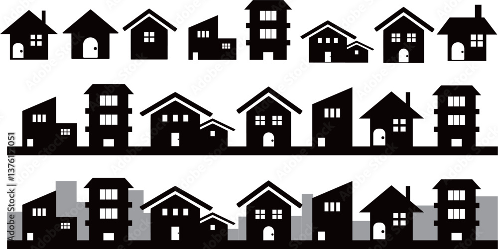 Fototapeta premium 家と街並みのシルエットセット