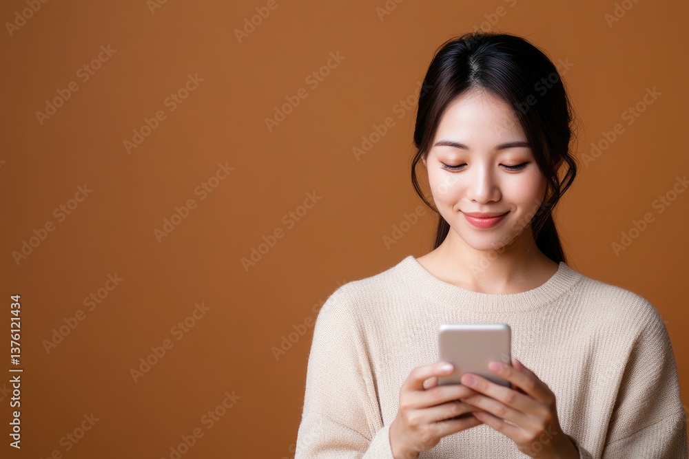 smiling woman using smartphone against brown background smiling woman using smartphone against brown background