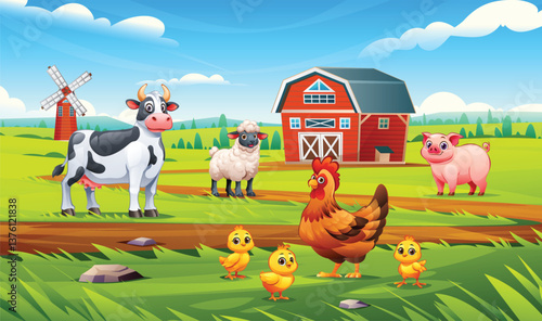 Farm animals including hen with chicks, cow, sheep, and pig standing on green field near red barn. Vector cartoon illustration