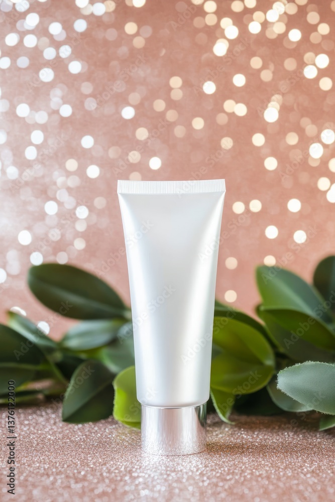 Minimal skincare tube mockup on a soft glitter background, combining clean beauty aesthetics with a touch of elegance Minimal skincare tube mockup on a soft glitter background, combining clean beauty aesthetics with a touch of elegance