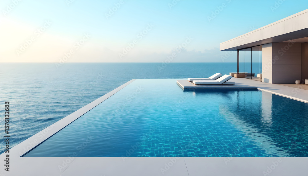 Fototapeta premium Minimalist design hotel resort. Modern luxury villa wit infinity pool overlooking calm ocean. Relaxing tropical getaway. Luxurious Summer vacation, travel concept, leisure lifestyle