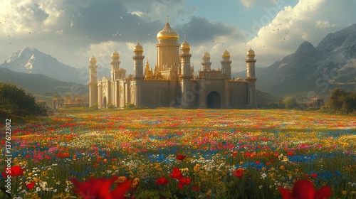 Majestic palace in a vibrant flower field, mountains in the background.  Possible use fantasy, game art