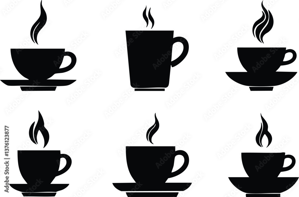Obraz premium A seamless collection of coffee cup silhouettes in black and gray, featuring steaming mugs and cups on white backgrounds—perfect for café branding, menu design, or cozy decor.