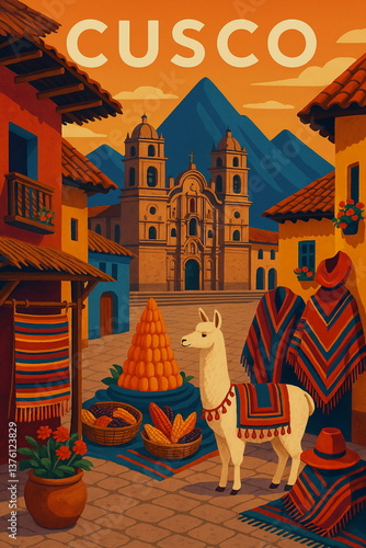 Vintage travel poster illustration of Cusco, Peru featuring iconic architecture and landscapes. Retro style tourism art, perfect for travel, adventure, and wanderlust concepts.

