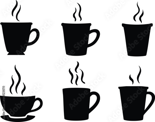 A seamless collection of coffee cup silhouettes in black and gray, featuring steaming mugs and cups on white backgrounds—perfect for café branding, menu design, or cozy decor.