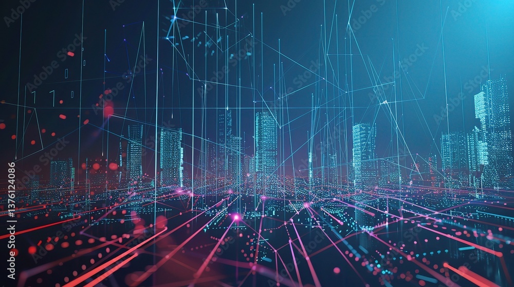 Obraz premium Abstract digital cityscape with glowing lines and futuristic buildings, representing the power of AI technology in urban planning and data flow visualization. 