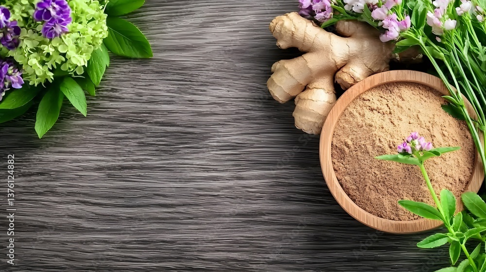 Fresh Ginger And Herbs With Purple Flowers Arranged On A Wooden Table For Culinary Use Fresh Ginger And Herbs With Purple Flowers Arranged On A Wooden Table For Culinary Use