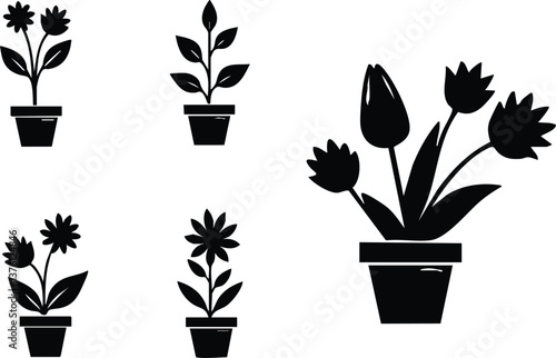 A collection of black floral and potted plant silhouettes arranged in simple, minimalistic patterns on white backgrounds, perfect for decorative and design projects.