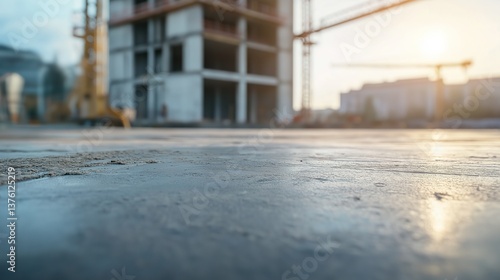 Wallpaper Mural Construction site with fresh concrete floor and crane in background, symbolizing progress and industrial development. Torontodigital.ca