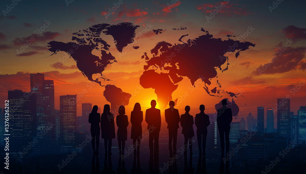 A united team silhouetted against a fiery sunset, watching the world map rise, symbolizing global collaboration and shared ambition with a dramatic cityscape backdrop. A united team silhouetted against a fiery sunset, watching the world map rise, symbolizing global collaboration and shared ambition with a dramatic cityscape backdrop.