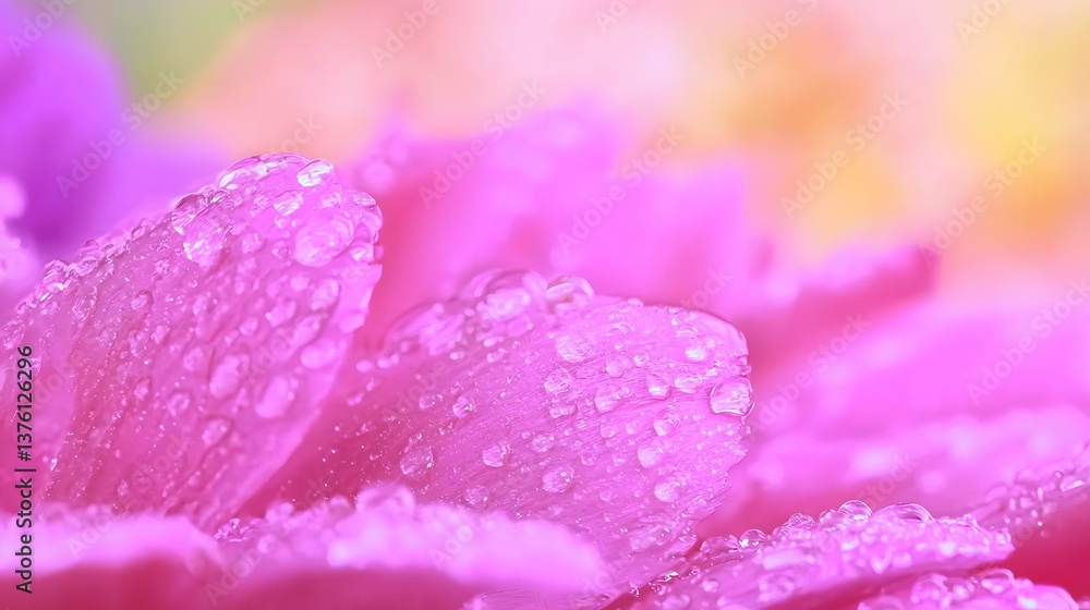 Close Up View of Pink Flower Petals with Dewdrops Glimmering in Natural Light Outdoors Close Up View of Pink Flower Petals with Dewdrops Glimmering in Natural Light Outdoors