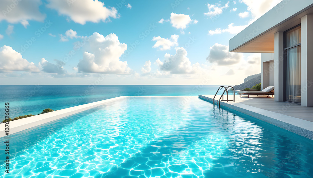 Fototapeta premium Minimalist design hotel resort. Modern luxury villa wit infinity pool overlooking calm ocean. Relaxing tropical getaway. Luxurious Summer vacation, travel concept, leisure lifestyle
