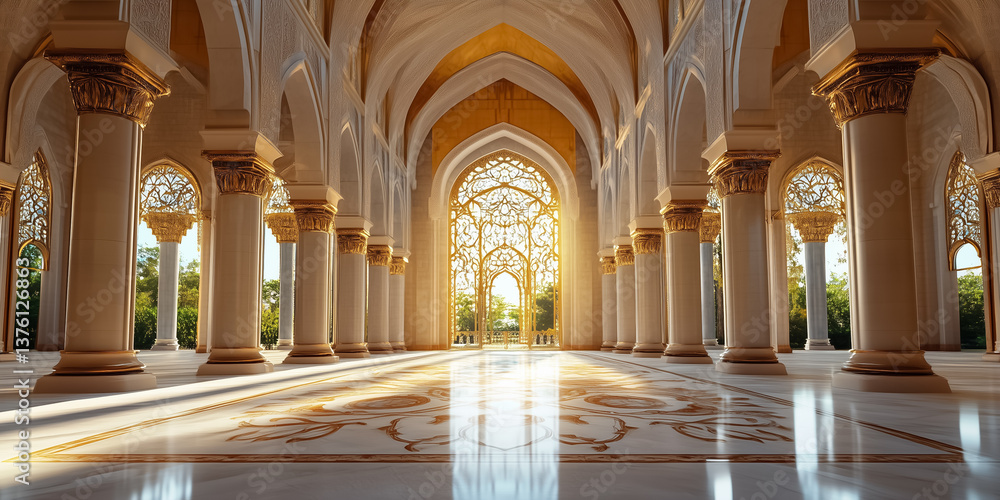 Sunlight shines through ornate arches illuminating grand architectural space with majestic columns. Elegant setting featuring intricate designs. Concept of architecture, interior design, luxury Sunlight shines through ornate arches illuminating grand architectural space with majestic columns. Elegant setting featuring intricate designs. Concept of architecture, interior design, luxury