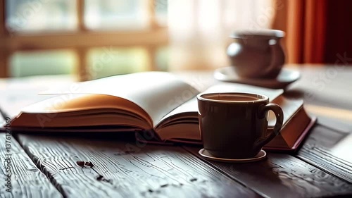 open book and a cup of hot coffee on the table against the background of a large window