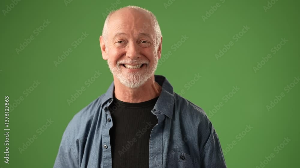 Mature man with a beard shows emotion, smiling widely while gesturing playfully. The setting features a solid green screen background, enhancing his expressive pose. Mature man with a beard shows emotion, smiling widely while gesturing playfully. The setting features a solid green screen background, enhancing his expressive pose.