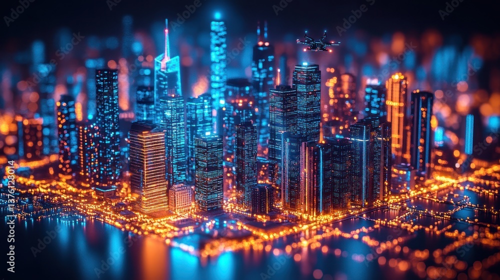 custom made wallpaper toronto digitalFuturistic city skyline, drone flying, night, digital art, tech