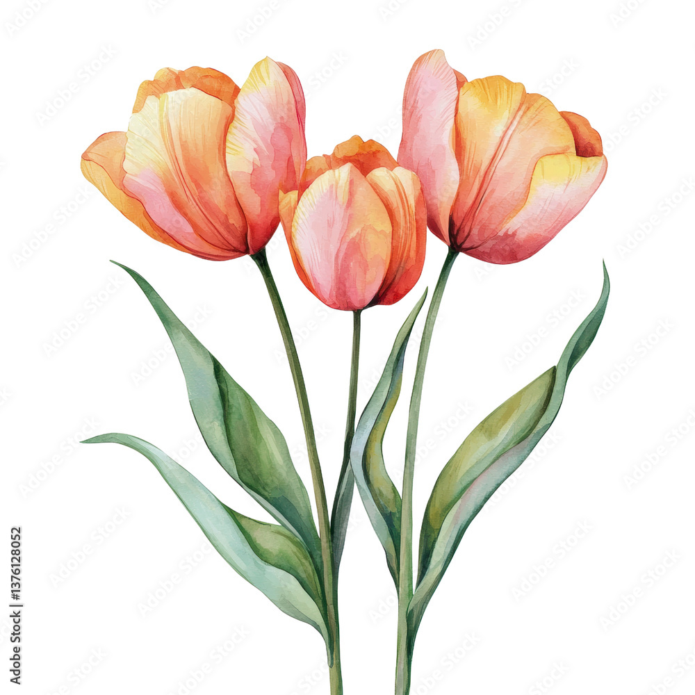 Fototapeta premium Delicate Pink Tulips with Green Leaves on a White Background