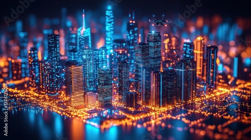 Wallpaper Mural Futuristic city skyline, drone flying, night, digital art, tech Torontodigital.ca
