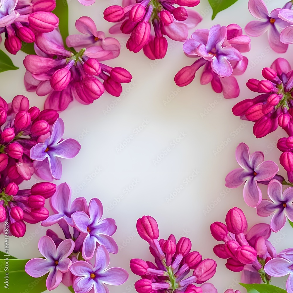 Vibrant Arrangement of Pink and Purple Lilac Flowers Framing a Blank White Background Vibrant Arrangement of Pink and Purple Lilac Flowers Framing a Blank White Background