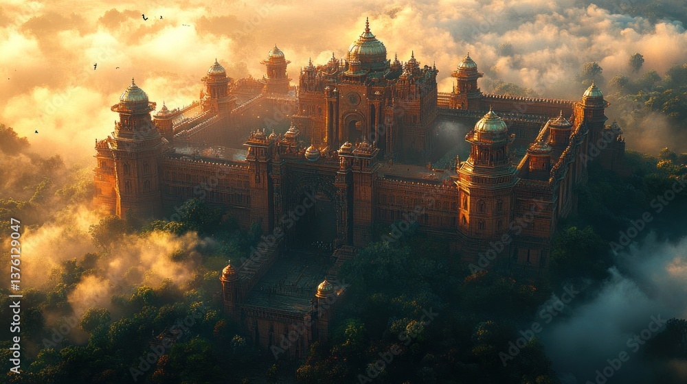 Fototapeta premium Sunrise Palace, Aerial View, Misty Forest, Fantasy