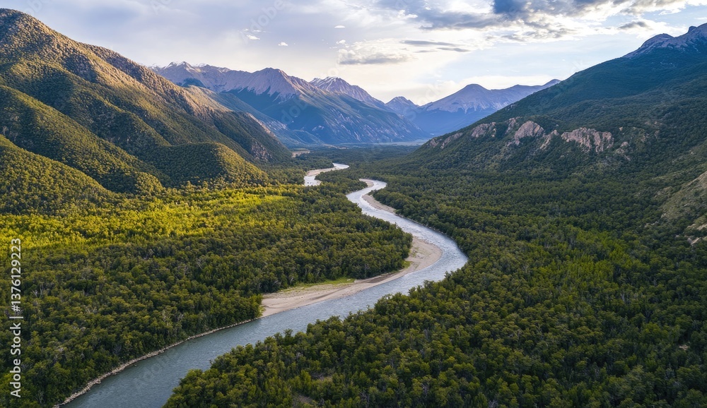 Serene river winding through lush mountain valley Serene river winding through lush mountain valley