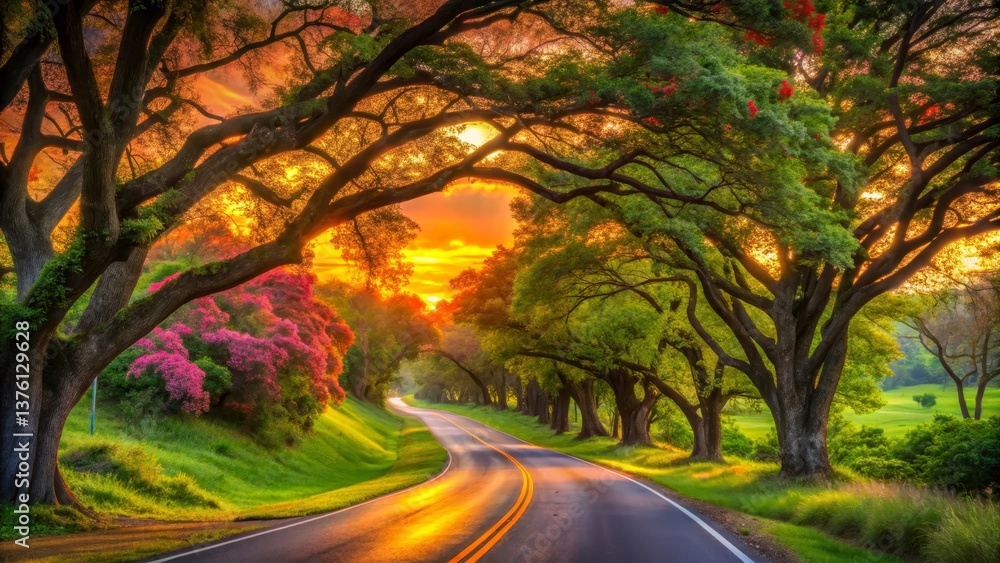 Obraz premium Serene Sunset Drive Through Lush Canopy of Trees and Blooming Flowers