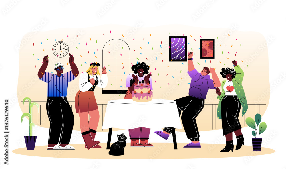 Obraz premium Birthday celebration with friends indoors. Vector illustration
