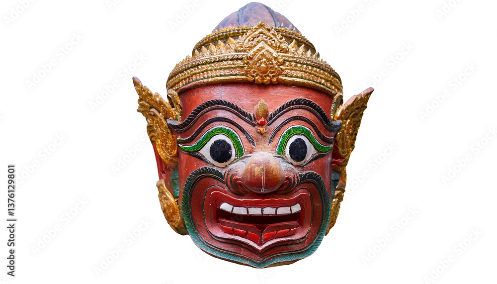 Fototapeta premium a traditional Thai mask, intricately carved and painted, showcasing vibrant colors and intricate details. This cultural artifact is a striking representation of Thai artistry and tradition.