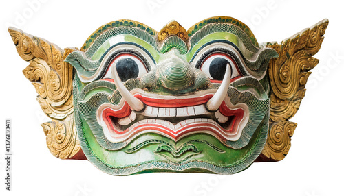 Wallpaper Mural An intricately carved, traditional Thai mask with vibrant colors, exuding a cultural and artistic feel. It has an expressive face, gold accents, and depicts a character from Southeast Asian folklore. Torontodigital.ca