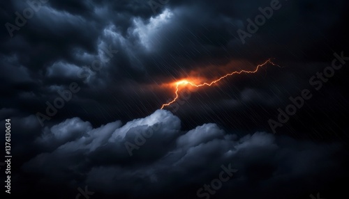 A summer thunderstorm with heavy rain gusty winds and flashes of lightning brightening the dark clouds. Fierce storm bright sky.