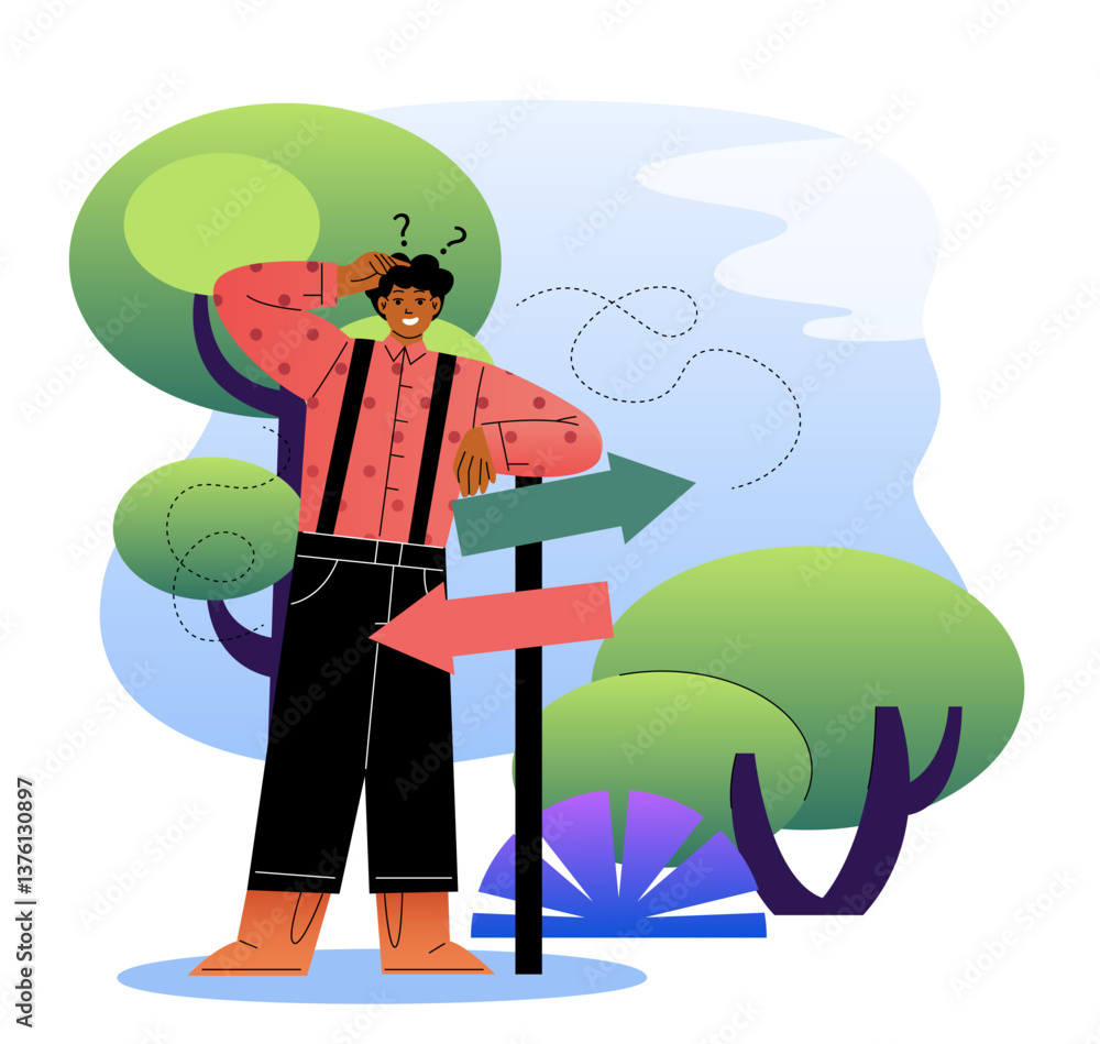 Fototapeta premium Confused man at crossroads signpost. Vector illustration