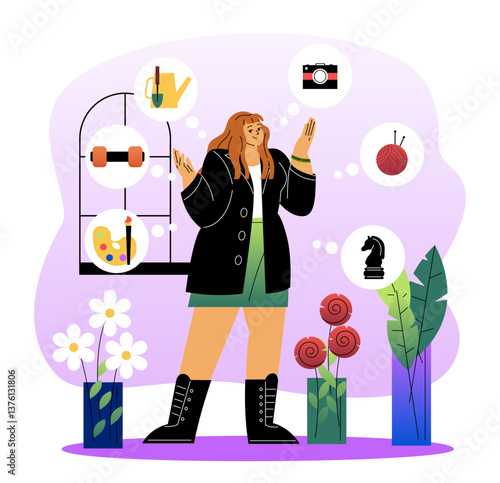 Woman choosing creative hobbies concept. Vector illustration