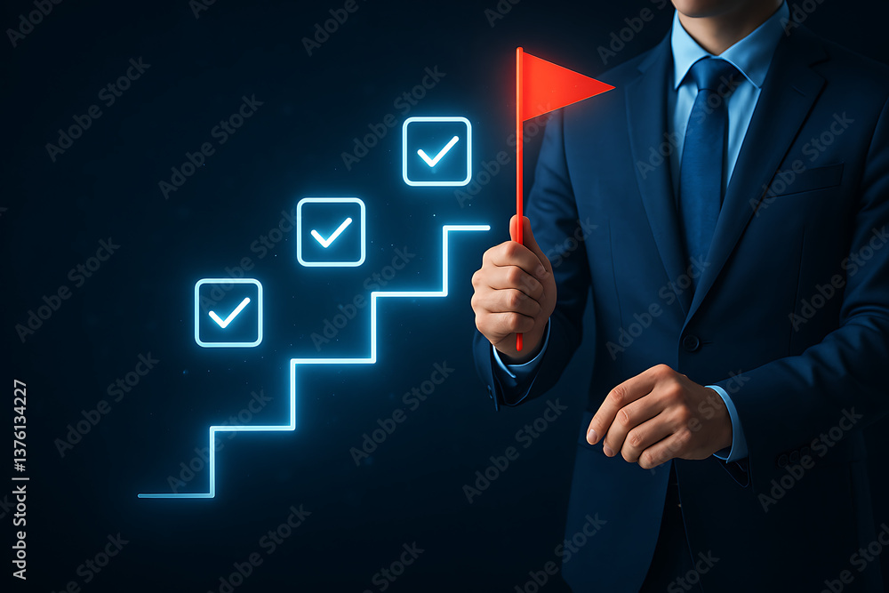 Businessman Holding Red Flag Next to Glowing Digital Checklist and Step Diagram Representing Goal Achievement Success Strategy Milestones and Professional Growth in Corporate Journey Businessman Holding Red Flag Next to Glowing Digital Checklist and Step Diagram Representing Goal Achievement Success Strategy Milestones and Professional Growth in Corporate Journey