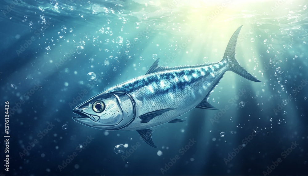 Silver Fish Swimming Underwater with Bubbles and Rays of Light in the Deep Blue Ocean Silver Fish Swimming Underwater with Bubbles and Rays of Light in the Deep Blue Ocean