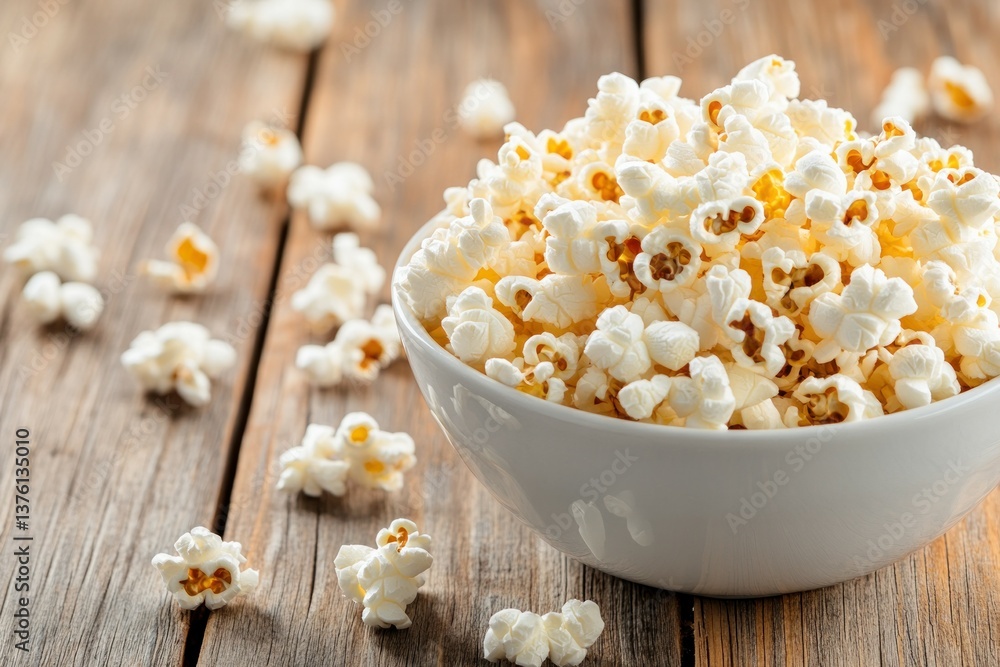 Close-up of fluffy popcorn in white bowl on rustic wooden table. Close-up of fluffy popcorn in white bowl on rustic wooden table.