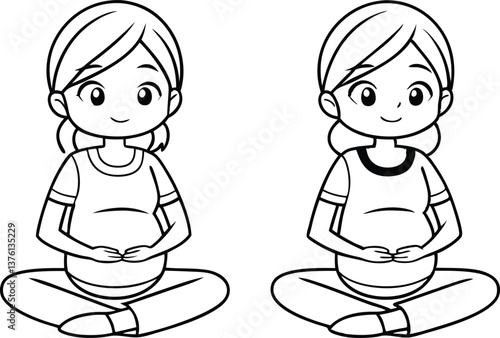 Cartoon Pregnant Woman Meditation in Outline Style with Transparent Background