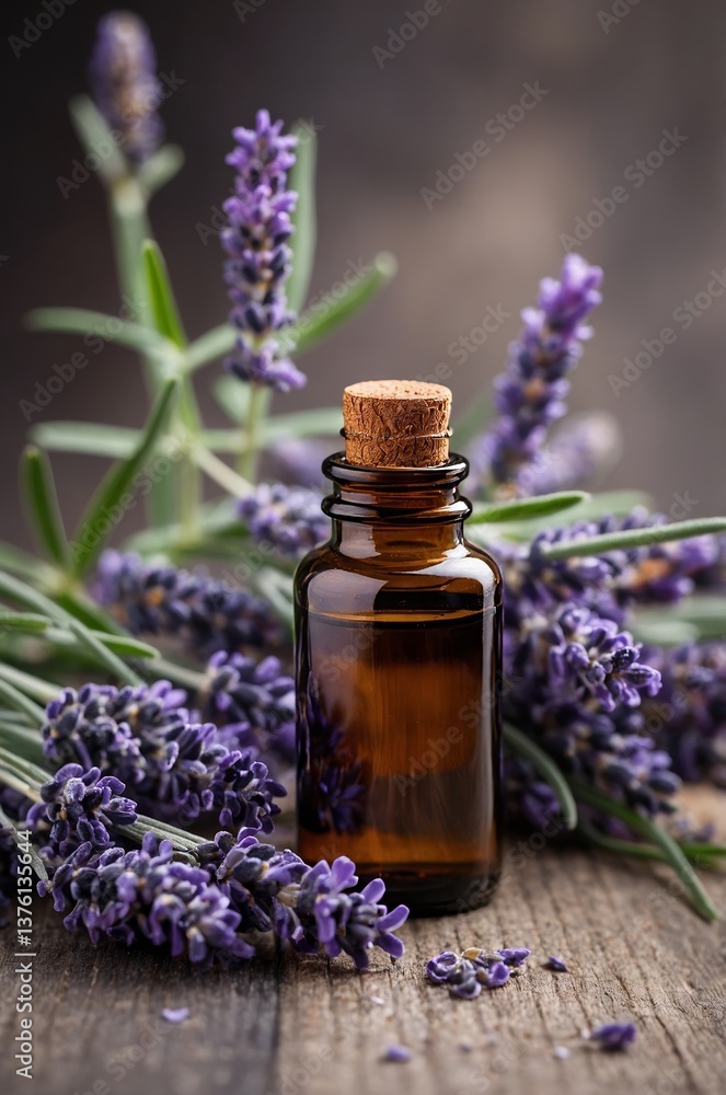 Lavender essential oil bottle surrounded by fresh lavender sprigs on rustic wooden table Lavender essential oil bottle surrounded by fresh lavender sprigs on rustic wooden table