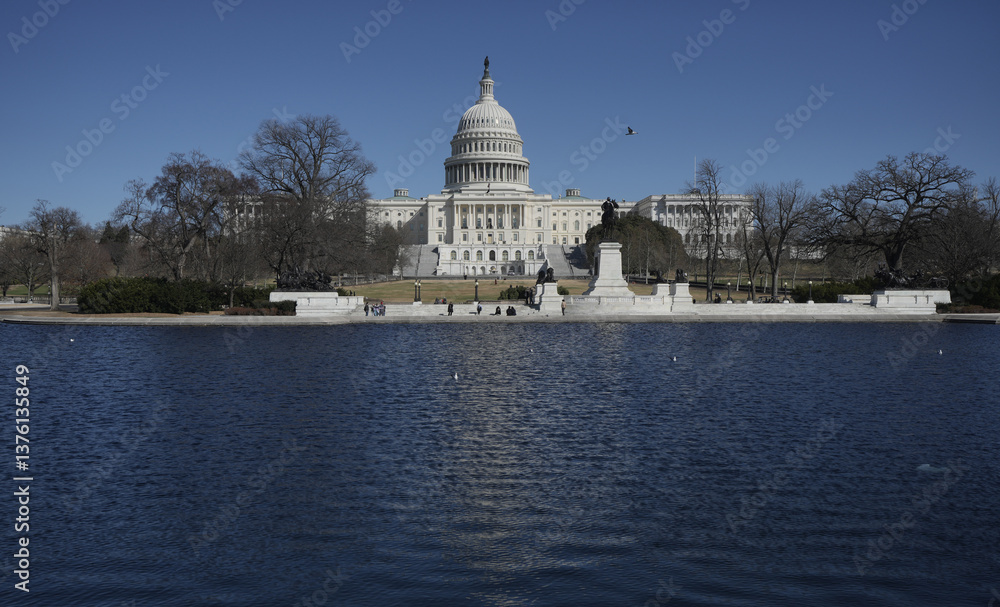 Fototapeta premium Washington, DC is the capital of the USA. The state capitol buildings in Washington, DC. The Congress in Washington, DC. American flag waving. The Capitol Hill in Washington, DC.