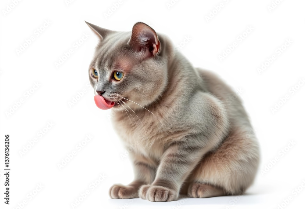Obraz premium A charming blue British Shorthair cat sits sideways, tongue out, licking its nose White background, charming, elegant