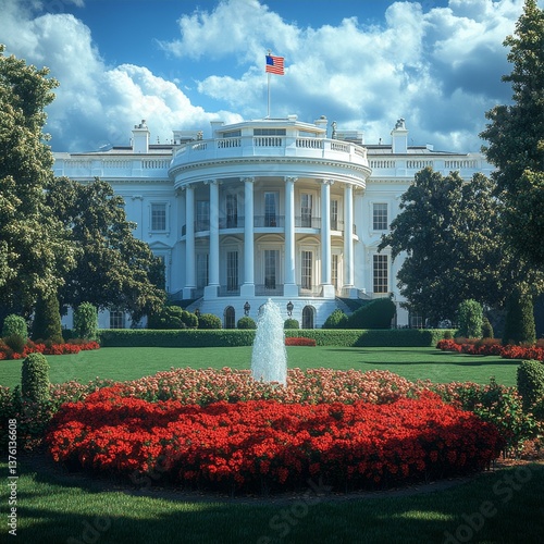 White House With American Flag Fountain and Red Flowers Under a Cloudy Blue Sky Summer Afternoon