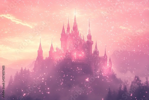 A fairytale castle illuminated by soft light among sparkling stars
