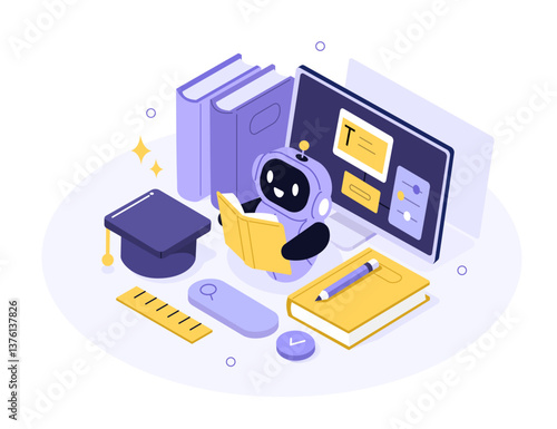 AI in education. Artificial intelligence robot reading book. Machine learning, automation, educational technology concept. Vector illustration.
