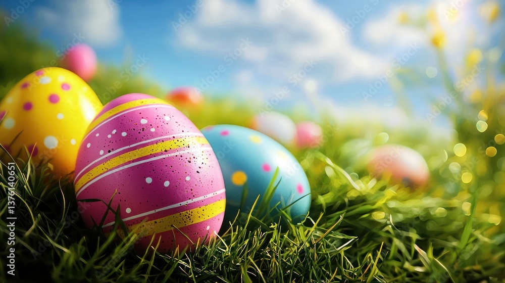 Colorful Easter Eggs on Green Grass Under Bright Sky in Spring Colorful Easter Eggs on Green Grass Under Bright Sky in Spring