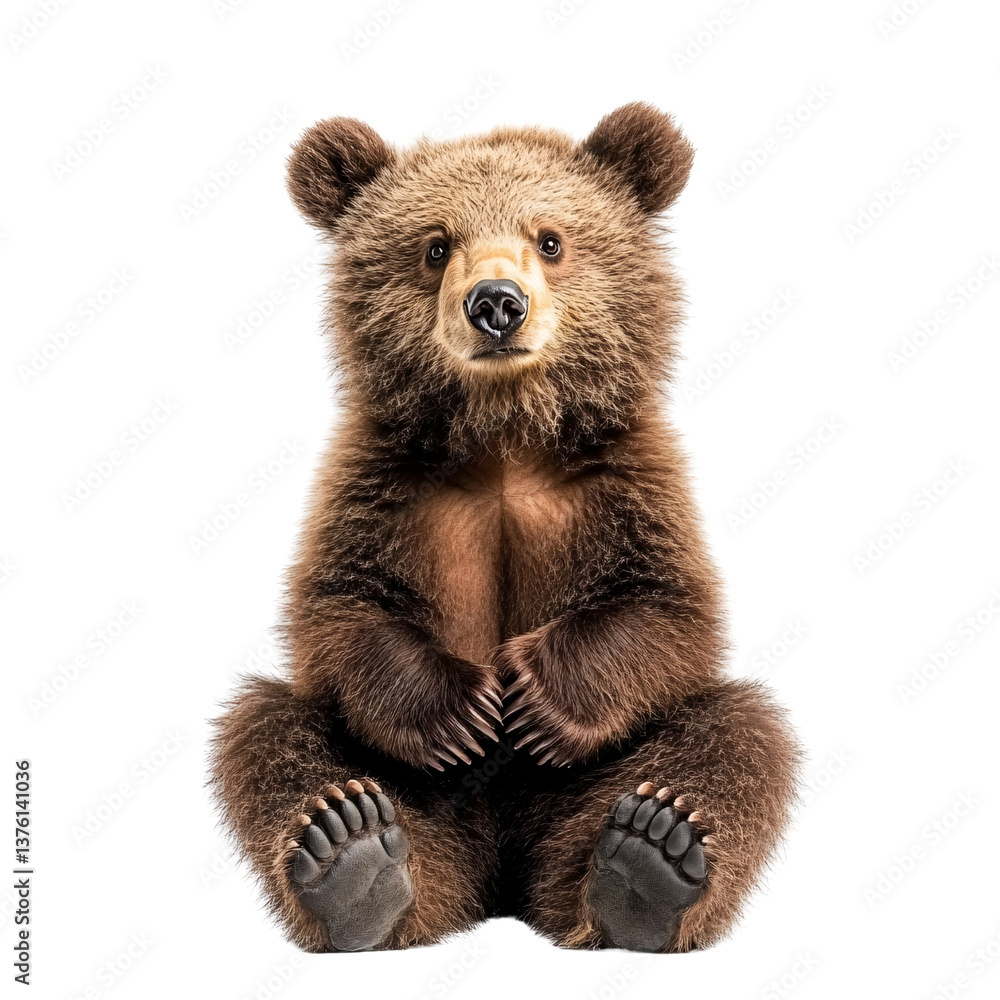 Fototapeta premium Adorable brown bear cub sitting upright on a transparent background, looking directly at the camera with a curious and playful expression Concept of wildlife and innocence